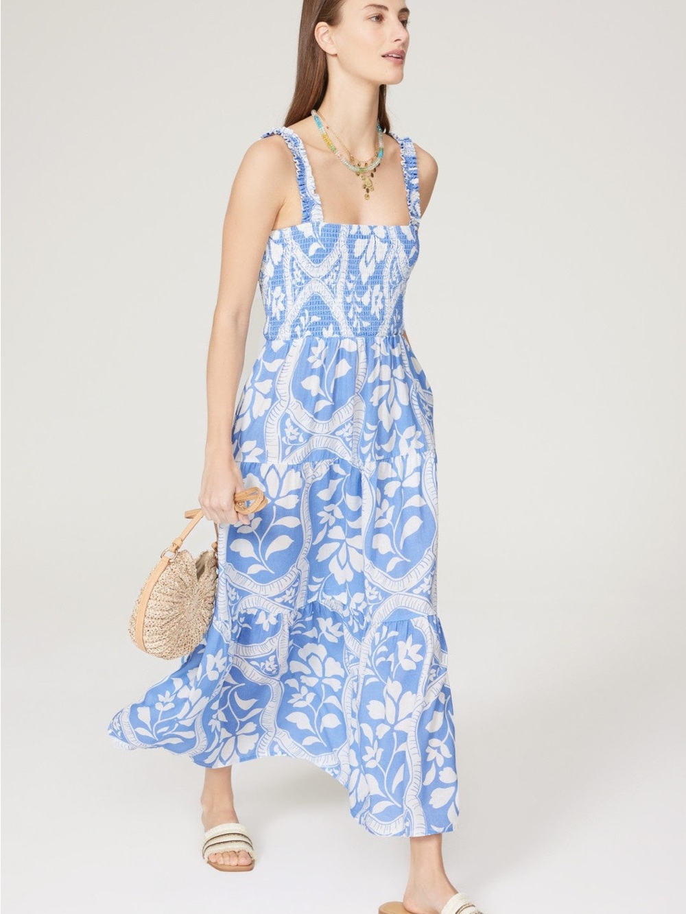 Marine Layer Light Blue and White Floral Tiered Maxi Dress